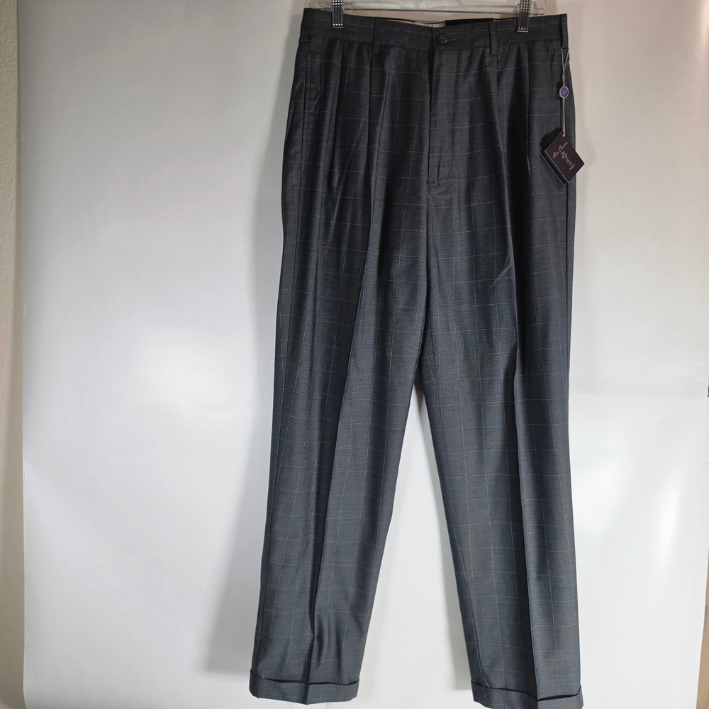 Alan Flusser Men 32x32 Gray Windowpane Dress‎ Pants Double Pleated Cuffed NWT